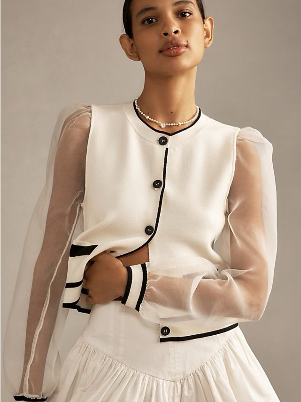 Maeve White Sheer-Sleeve Contrast-Trim Cardigan